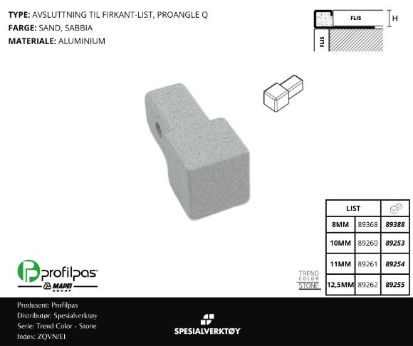 Bilde av 2/3 VEIS HJØRNE FIRKANT ZQVN/12/EI STONE ALUMINIUM SAND 12,5MM, PROFILPAS