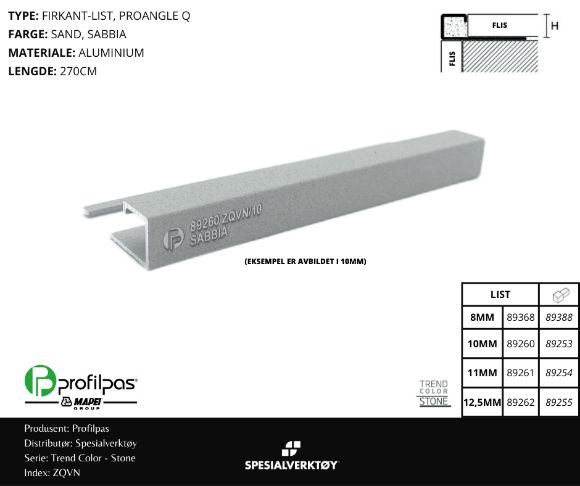 Bilde av HJØRNELIST FIRKANT ZQVN/12 STONE ALUMINIUM SAND 12,5MMX270CM, PROFILPAS