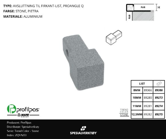 Bilde av 2/3 VEIS HJØRNE FIRKANT ZQVN/10/EI STONE ALUMINIUM STONE 10MM, PROFILPAS