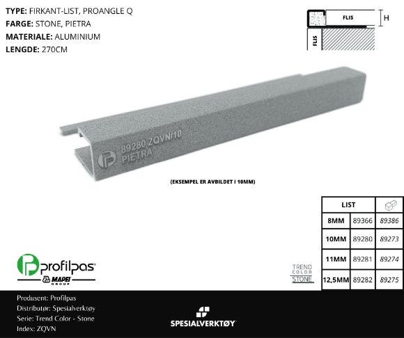 Bilde av HJØRNELIST FIRKANT ZQVN/12 STONE ALUMINIUM STONE 12,5MMX270CM, PROFILPAS