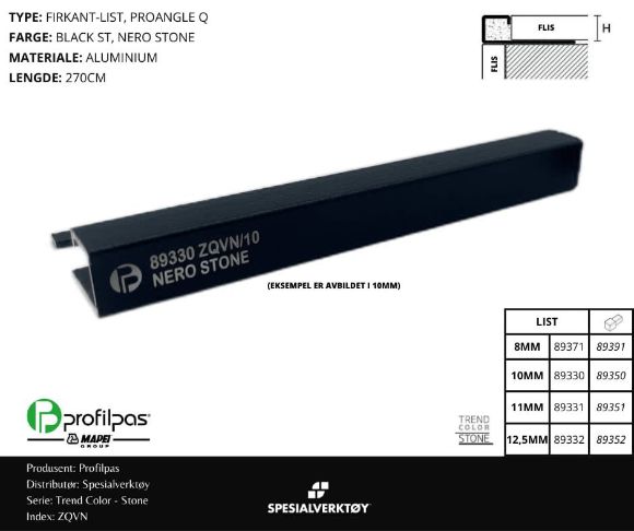 Bilde av HJØRNELIST FIRKANT ZQVN/10 STONE ALUMINIUM BLACK ST 10MMX270CM, PROFILPAS